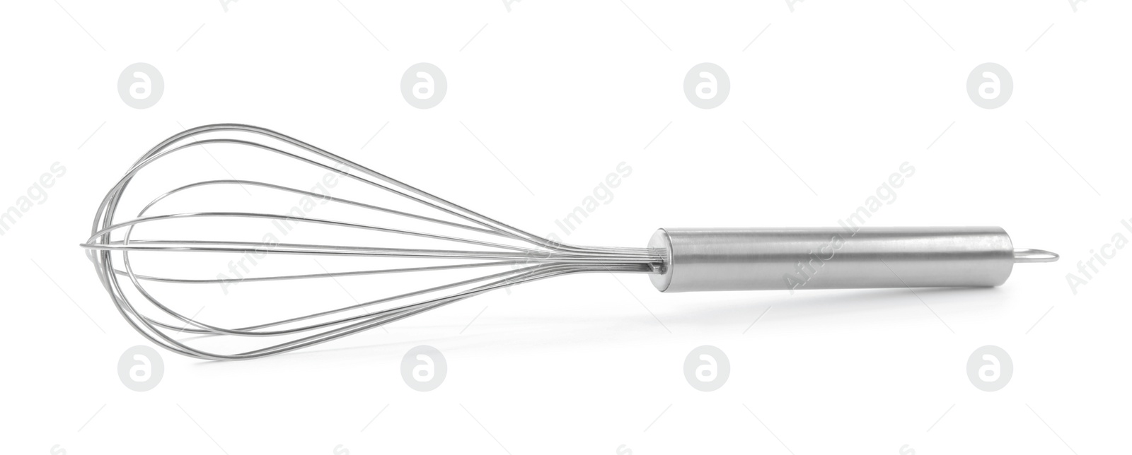 Photo of Metal whisk isolated on white. Kitchen utensil