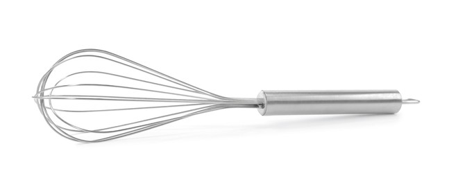 Photo of Metal whisk isolated on white. Kitchen utensil