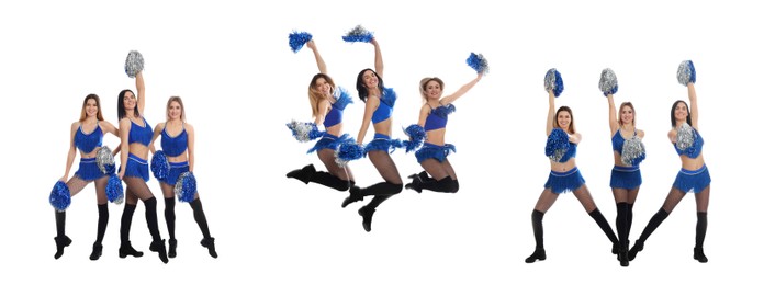Image of Collage with photos of beautiful happy cheerleaders with pom poms in uniform on white background