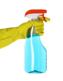 Photo of Woman holding plastic spray bottle with liquid isolated on white, closeup