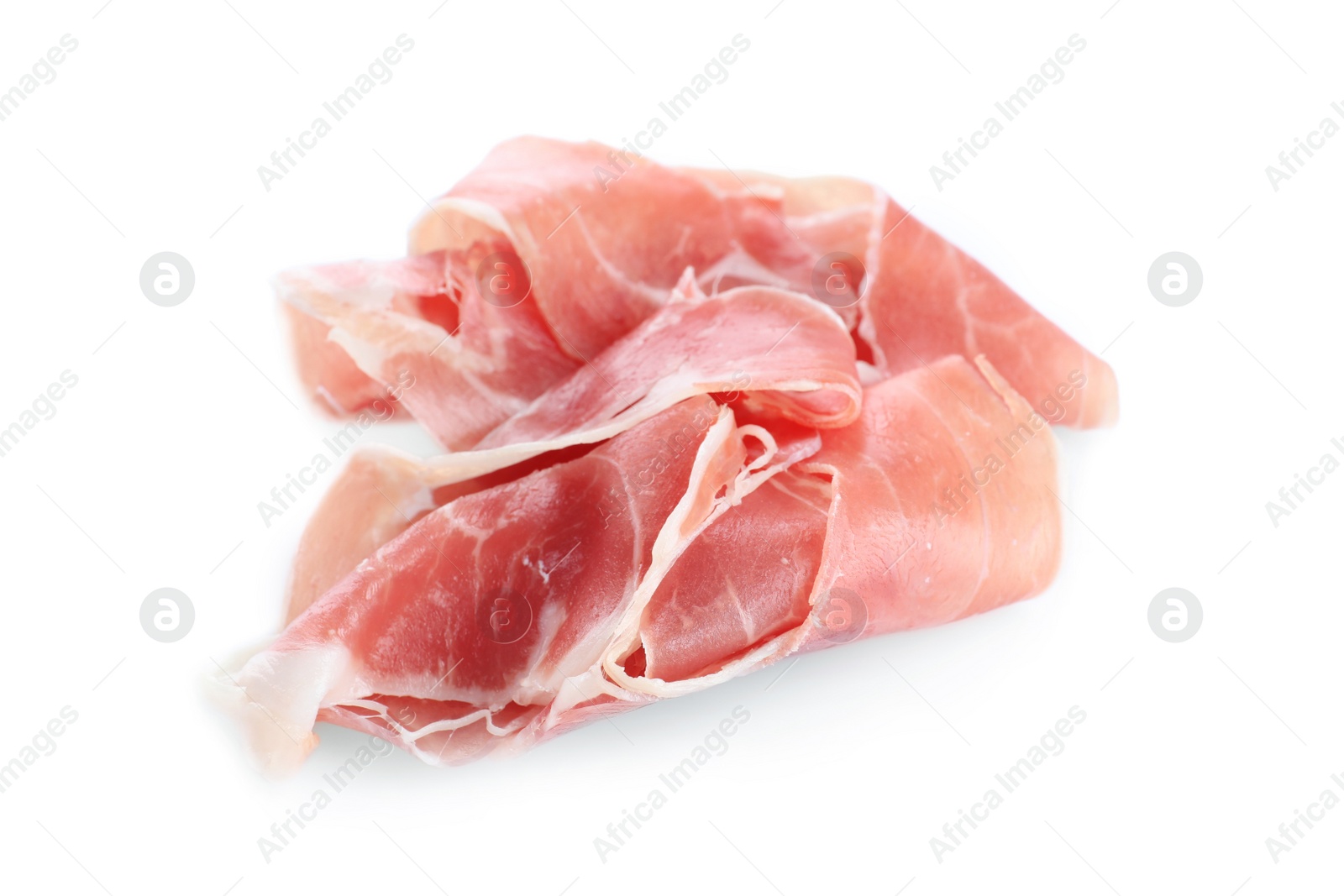 Photo of Slices of tasty prosciutto on white background