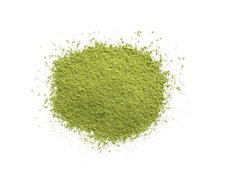 Photo of Pile of green matcha powder isolated on white, top view