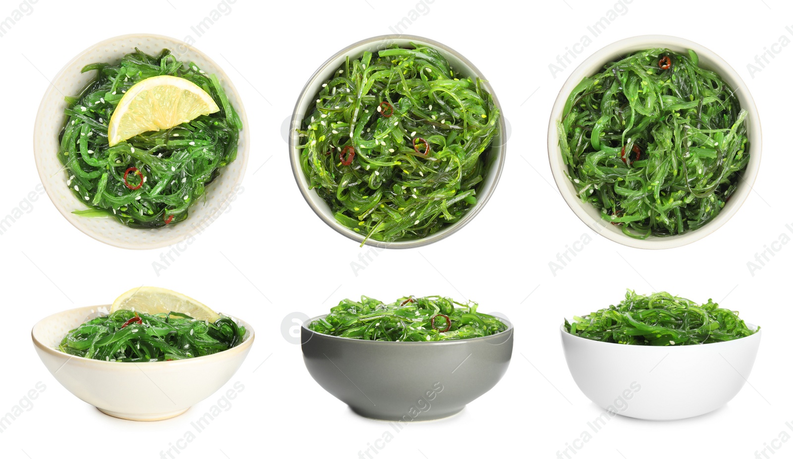 Image of Japanese seaweed salad in bowls on white background, collage