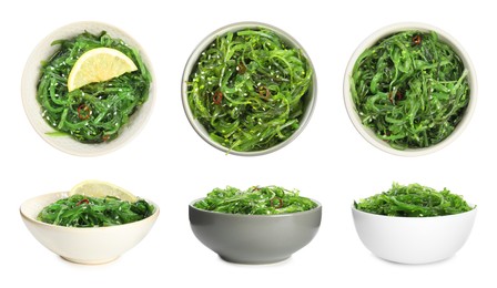 Image of Japanese seaweed salad in bowls on white background, collage