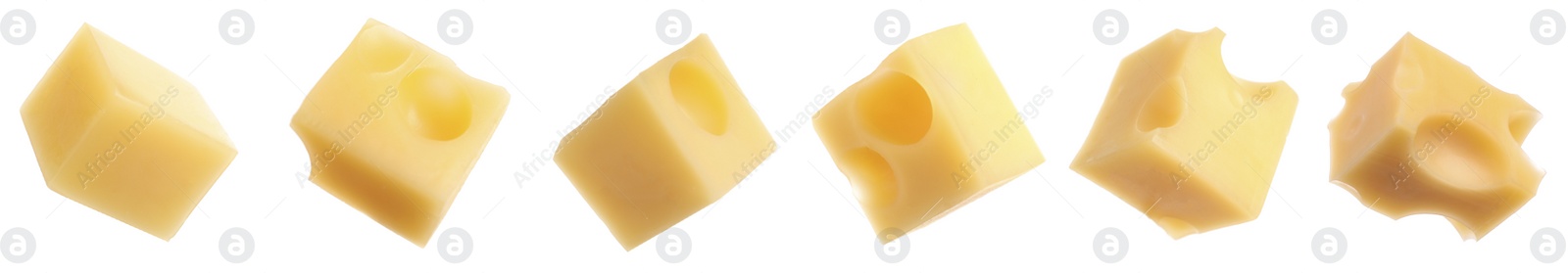 Image of Set of delicious cheese cubes on white background. Banner design