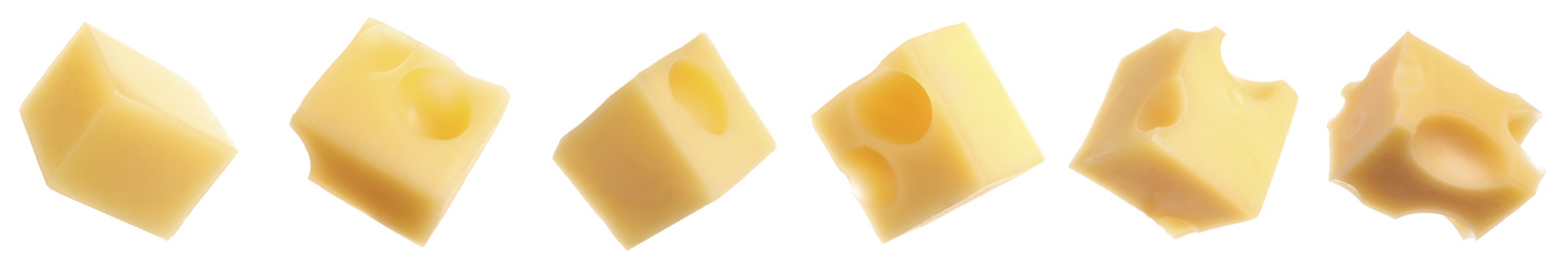 Image of Set of delicious cheese cubes on white background. Banner design