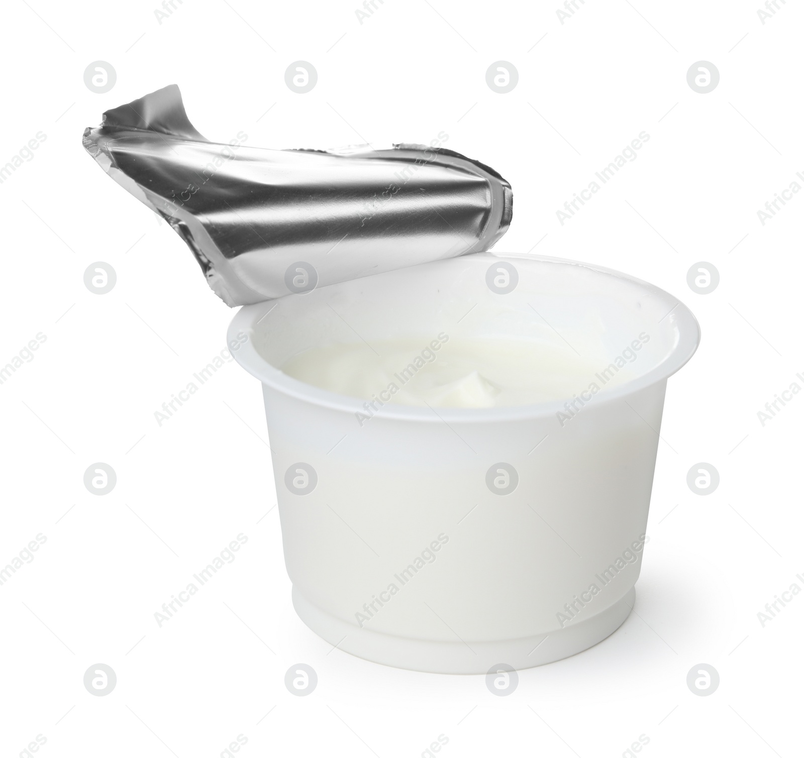 Photo of Plastic cup with creamy yogurt on white background