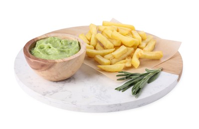 Photo of Tray with delicious french fries, avocado dip and rosemary isolated on white