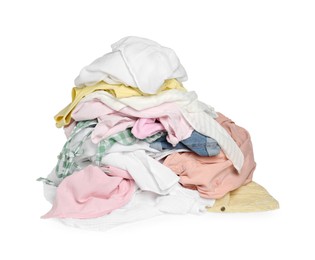 Photo of Pile of colorful clothes isolated on white