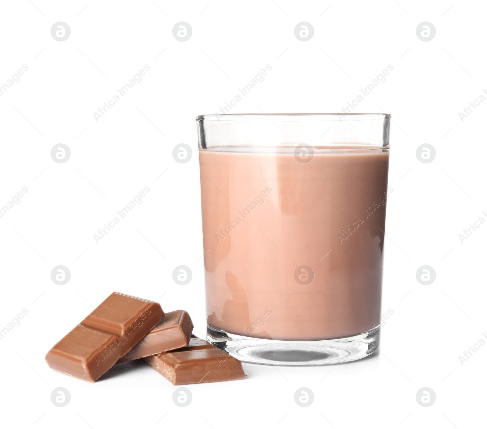 Photo of Glass with tasty chocolate milk on white background. Dairy drink
