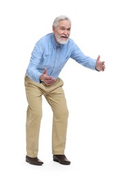 Photo of Senior man greeting someone on white background