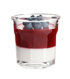 Photo of Delicious panna cotta with fruit coulis and fresh blueberries isolated on white