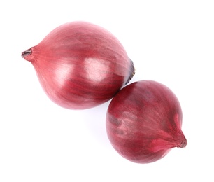 Fresh whole red onions on white background, top view