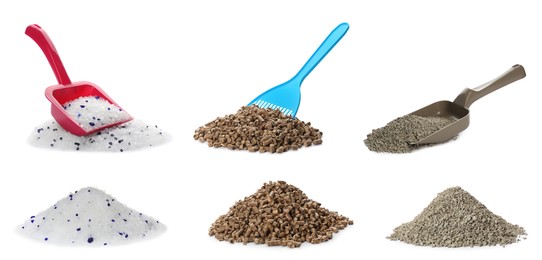 Image of Set with plastic scoops and different cat litters on white background
