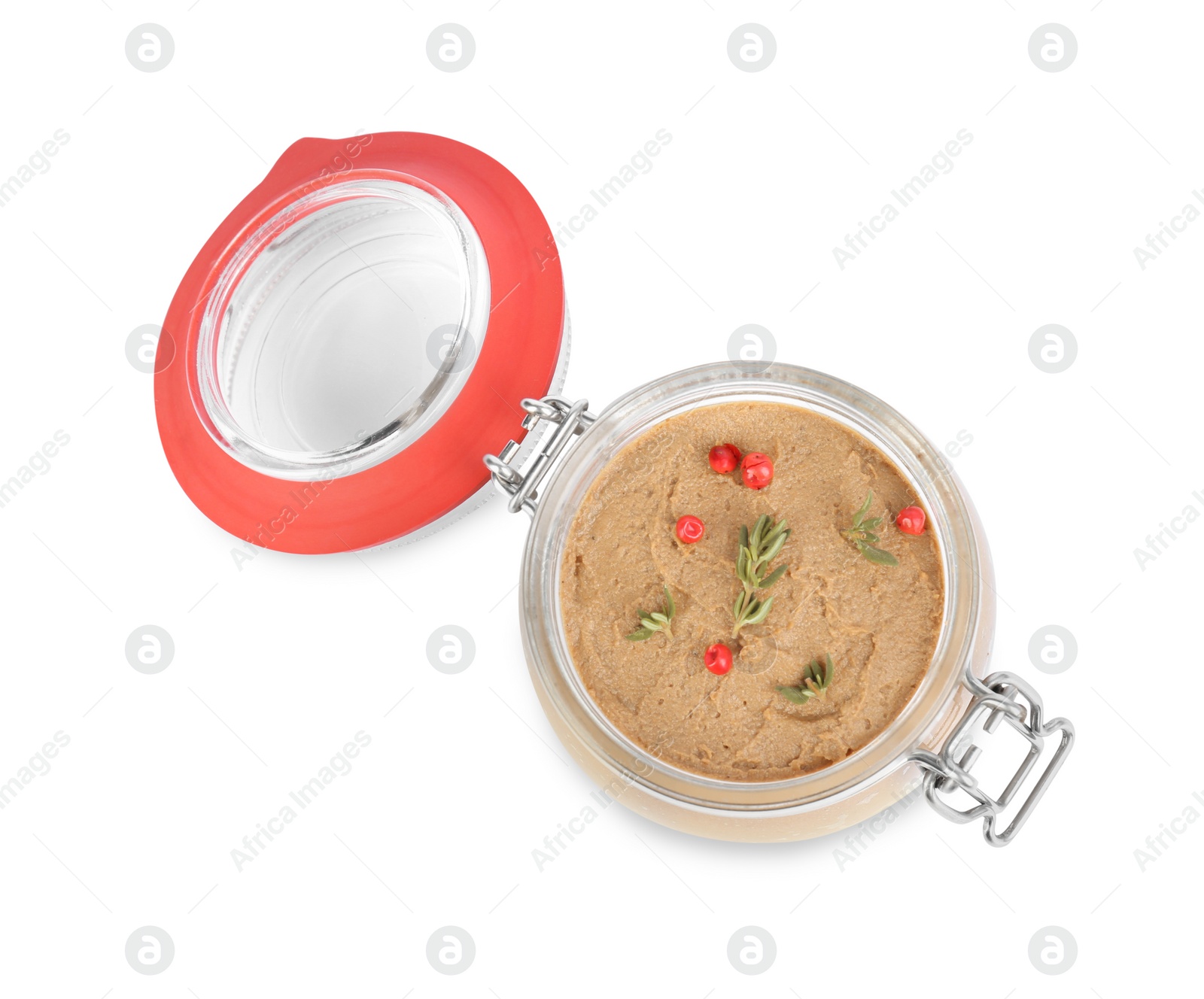 Photo of Glass jar with delicious liver pate on white background, top view