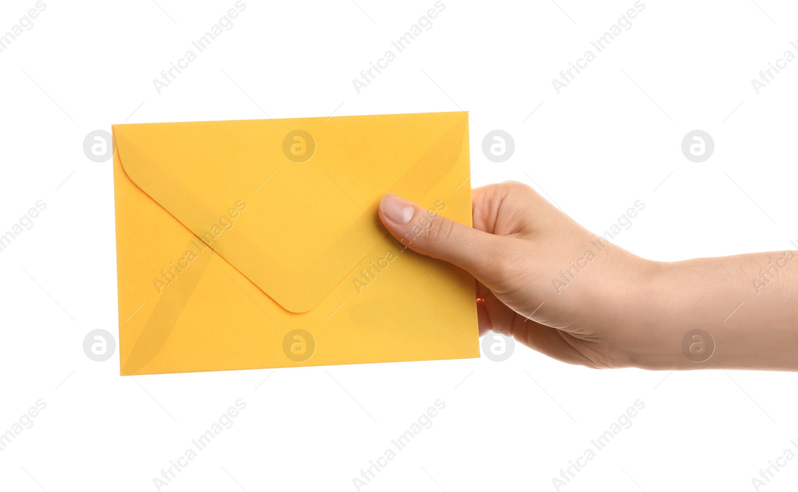 Photo of Woman holding yellow paper envelope on white background, closeup