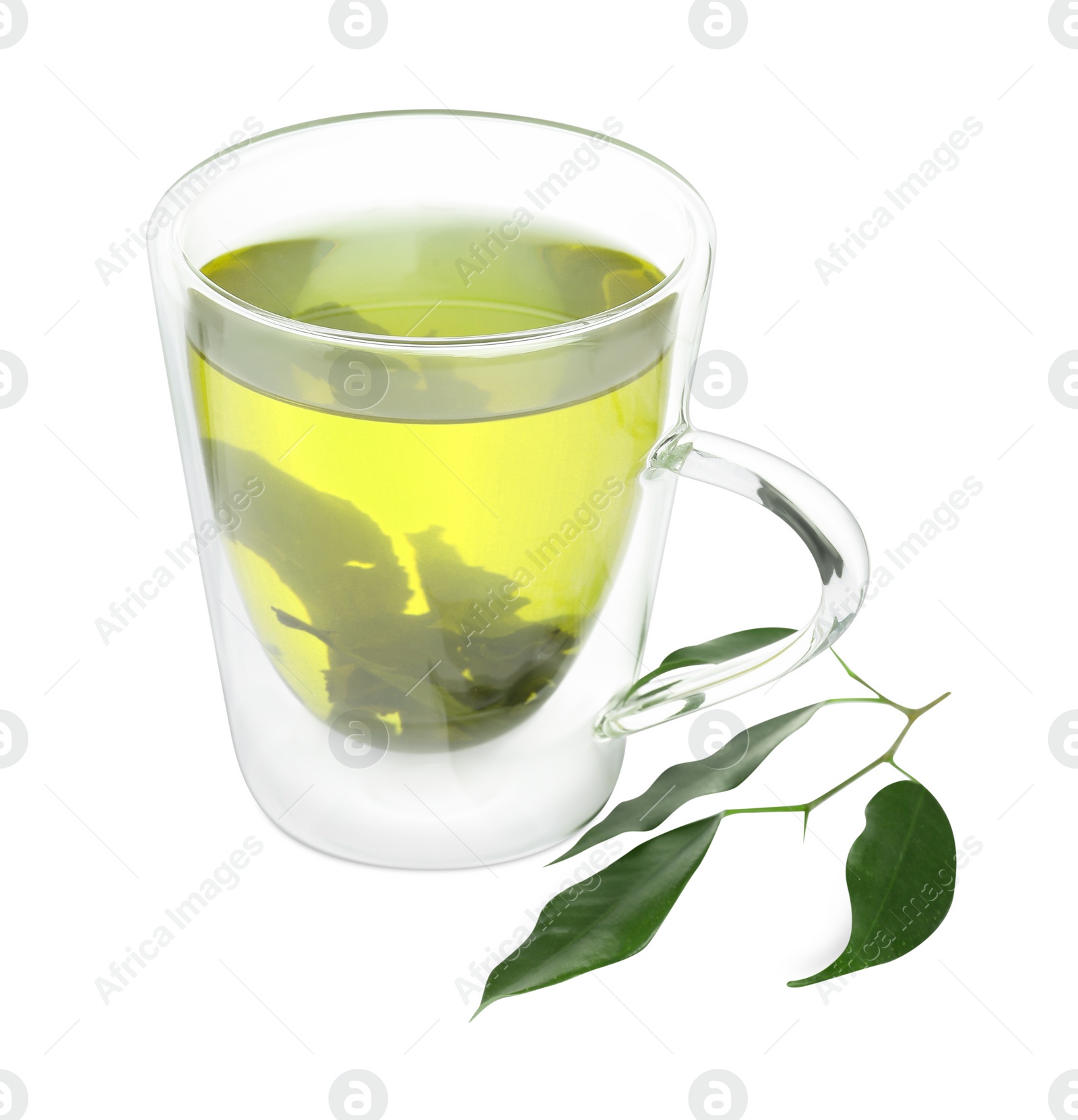 Photo of Fresh green tea in glass mug and leaves isolated on white