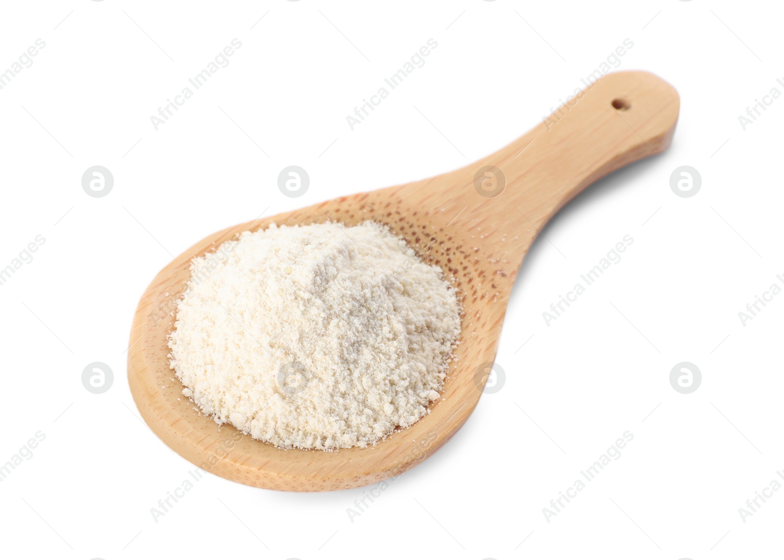 Photo of Wooden spoon with quinoa flour isolated on white