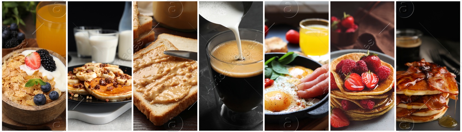 Image of Assortment of tasty breakfasts. Collage with different meals and drinks