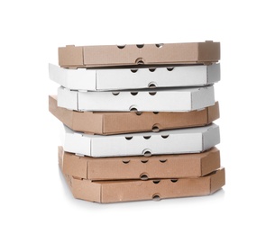 Stack of cardboard pizza boxes on white background