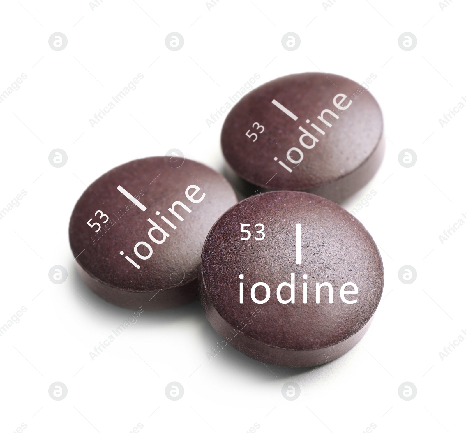 Image of Iodine pills on white background. Mineral element