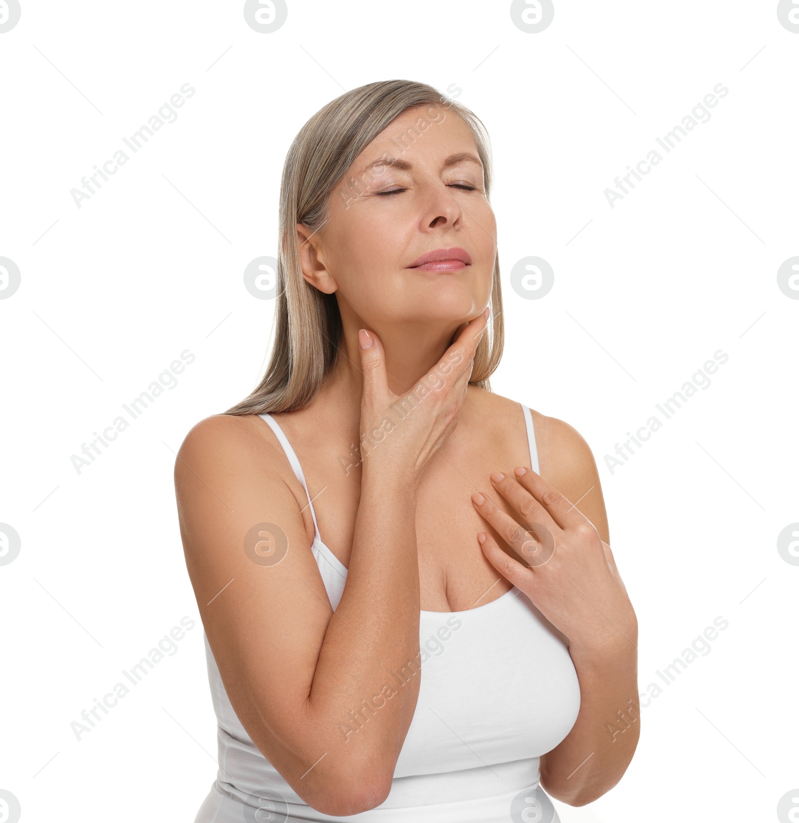 Photo of Beautiful woman touching her neck on white background