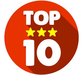 Illustration of Top ten list. Red circle with, three stars, word and number 10 on white background