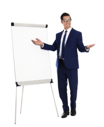 Photo of Professional business trainer near flip chart on white background