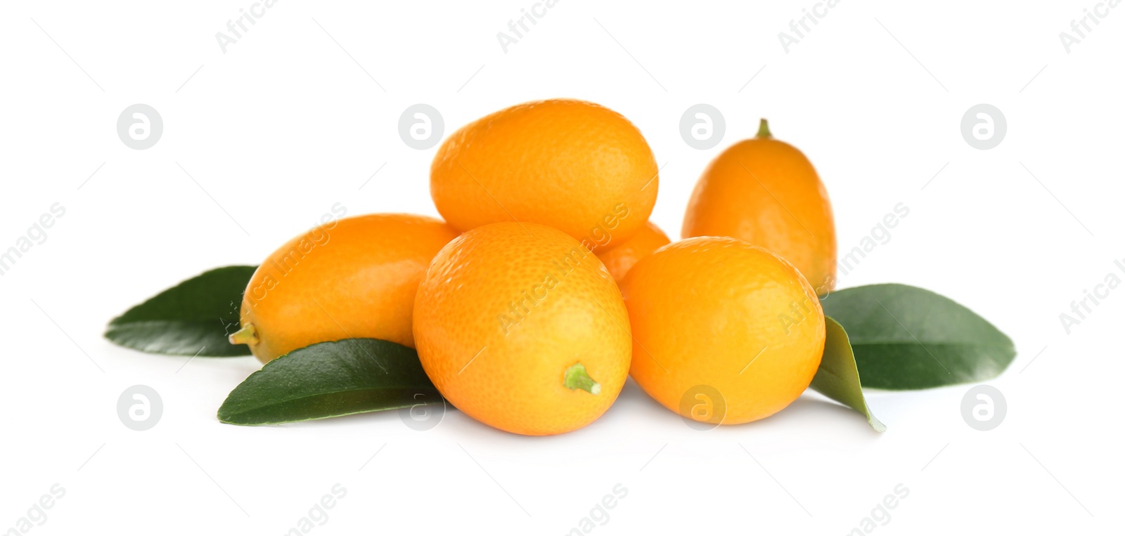 Photo of Fresh ripe kumquats with leaves on white background. Exotic fruit