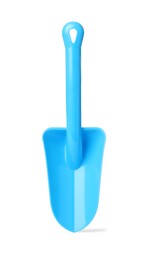 Photo of Light blue plastic toy shovel isolated on white