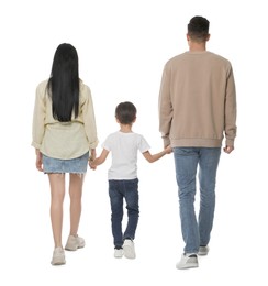 Little boy with his parents on white background, back view