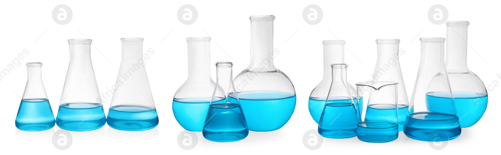 Image of Different laboratory glassware with light blue samples on white background, collage. Banner design