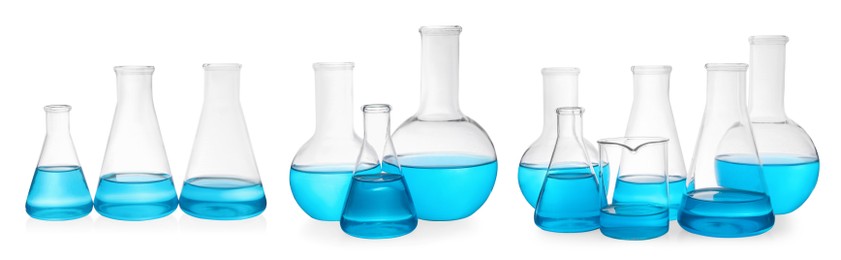 Image of Different laboratory glassware with light blue samples on white background, collage. Banner design