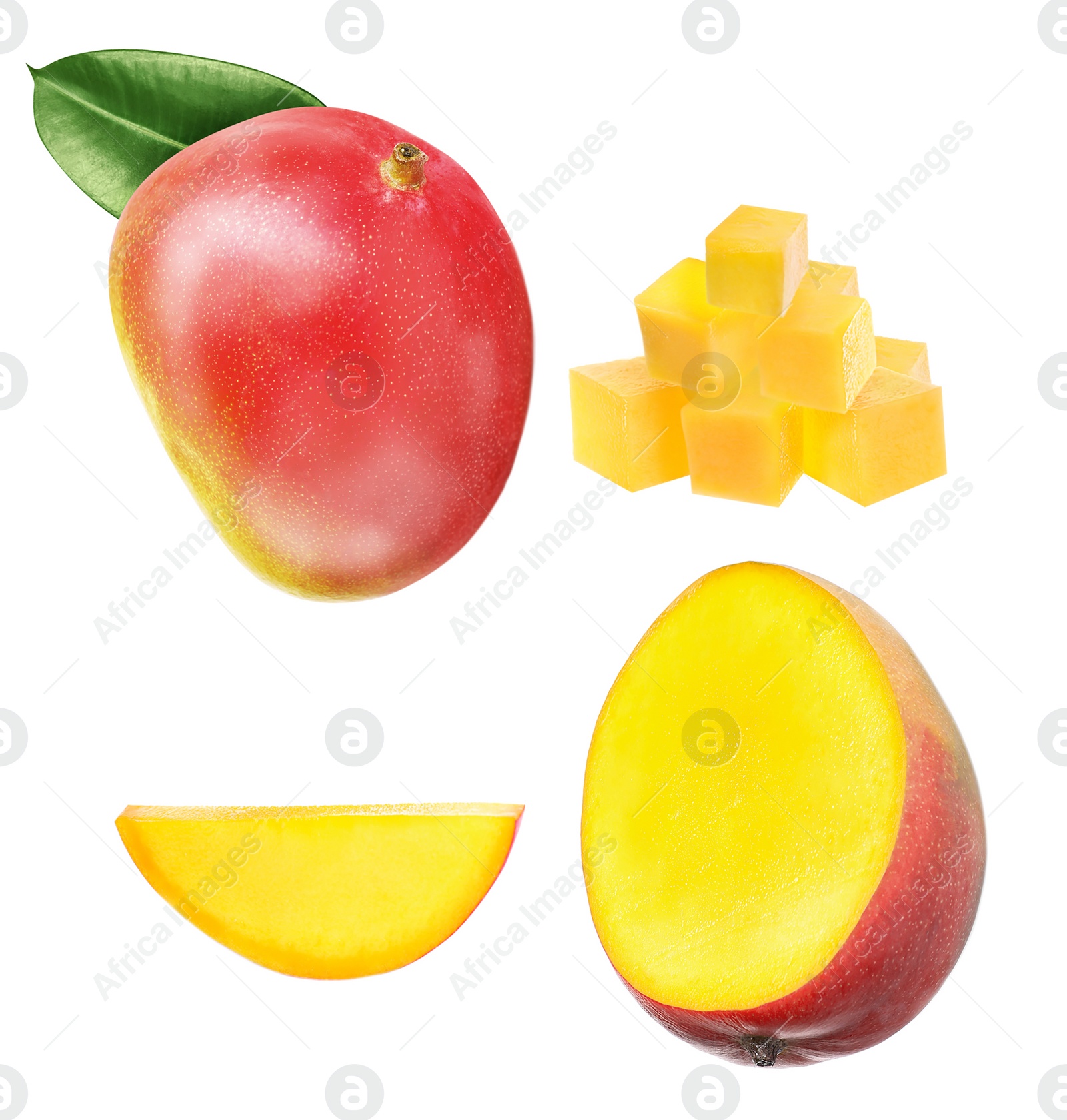 Image of Set with delicious ripe mangos on white background