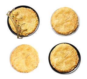 Image of Set of traditional delicious galettes des rois on white background., top view