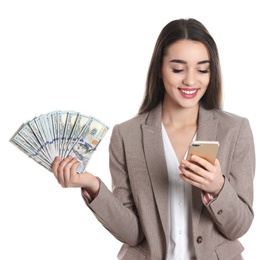 Photo of Portrait of happy young businesswoman with money and smartphone on white background