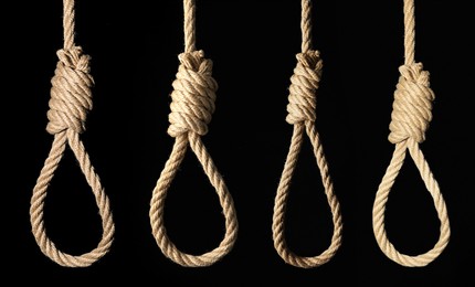 Image of Rope nooses with knots on black background, collage