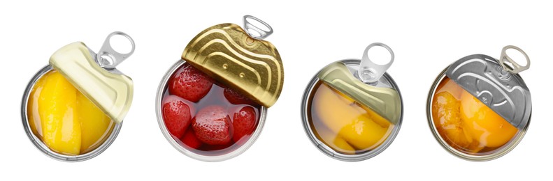 Image of Set of metal cans with different food on white background, top view