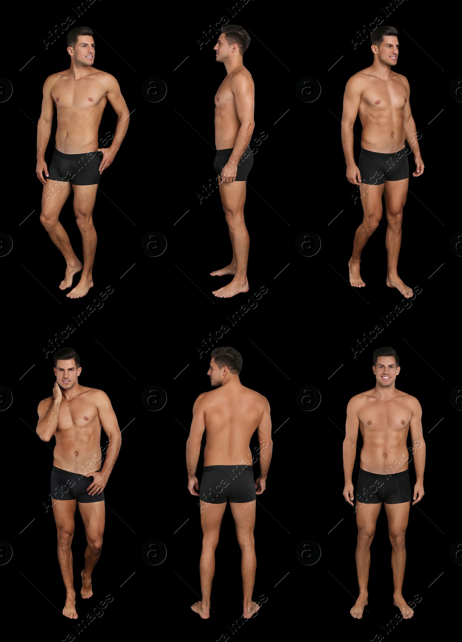 Image of Collage of man in underwear on black background