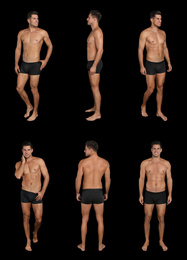 Collage of man in underwear on black background