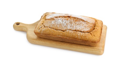 Photo of Delicious homemade yogurt cake with powdered sugar on white background