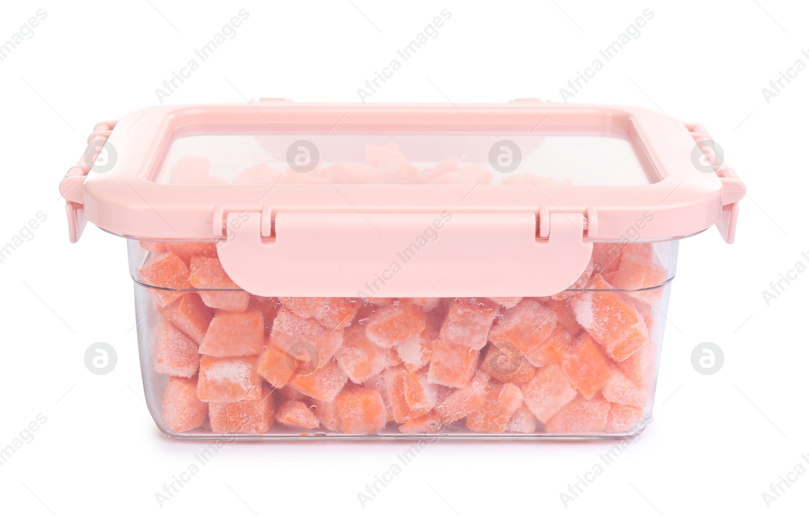 Photo of Frozen carrots in plastic container isolated on white. Vegetable preservation