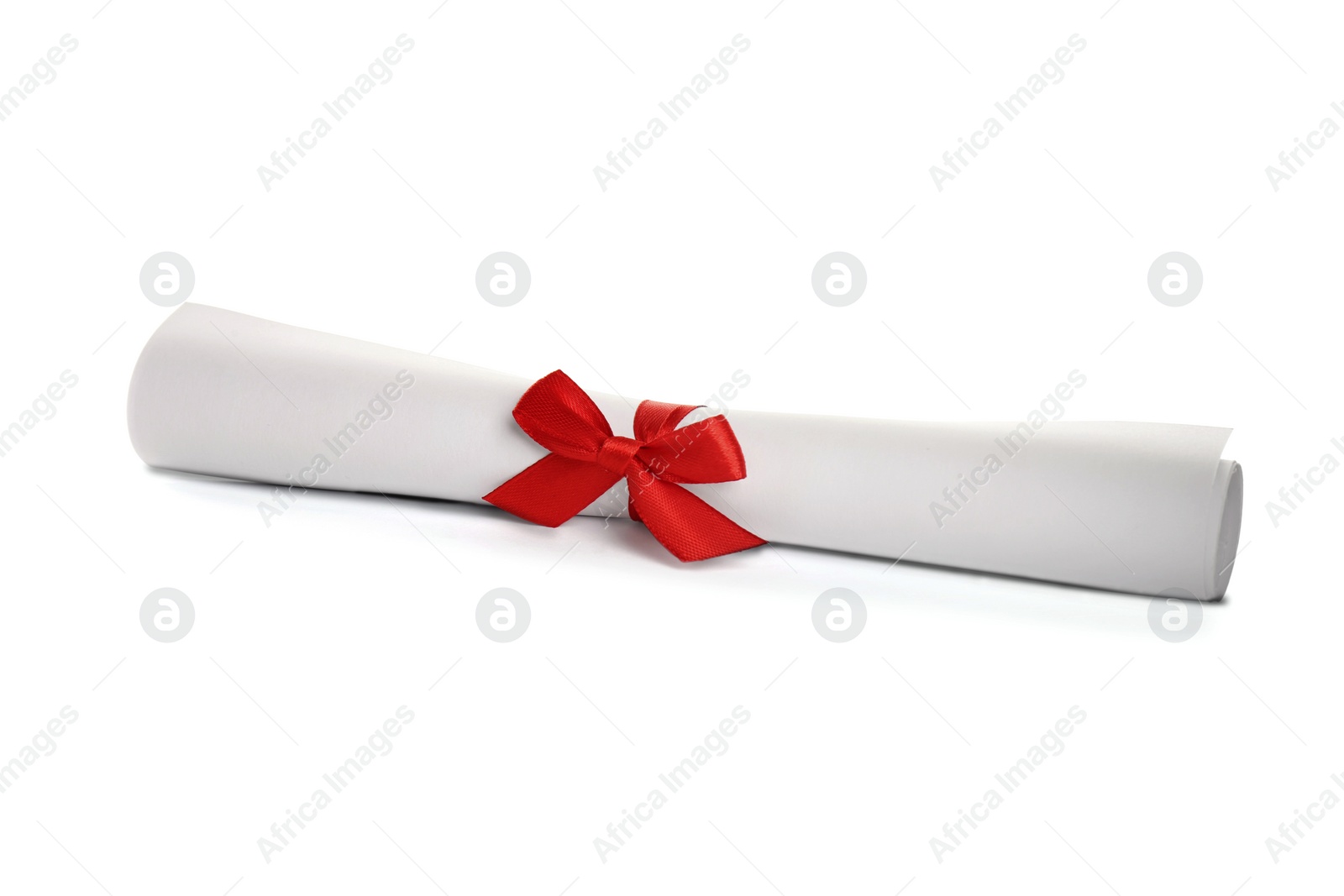 Image of Rolled student's diploma with red ribbon isolated on white