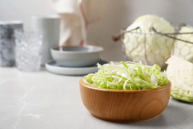 Photo of Fresh shredded cabbage on light table. Space for text