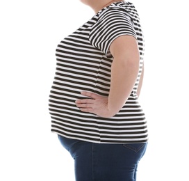 Overweight woman on white background, closeup. Weight loss