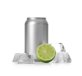 Photo of Tin can, lime and ice cubes on white background