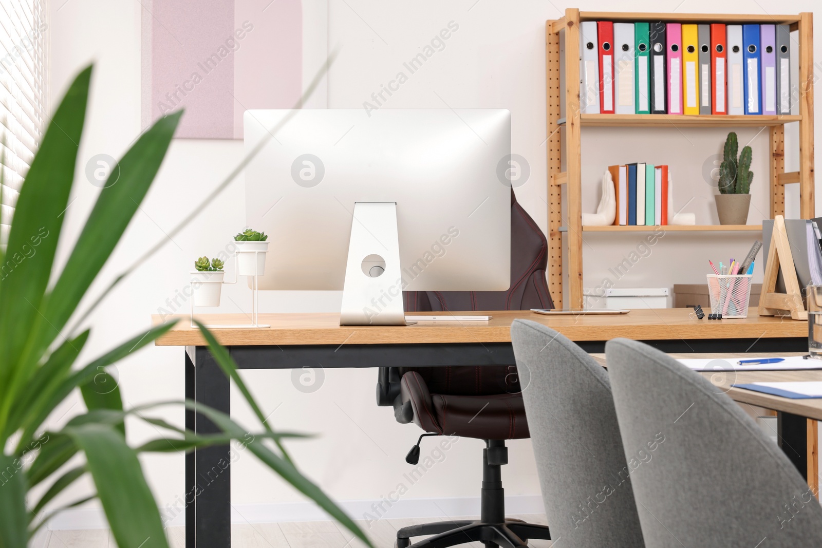 Photo of Director's office with large wooden table and comfortable armchairs. Interior design