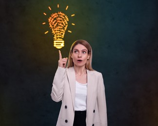 Idea generation. Woman and illustration of light bulb on dark background