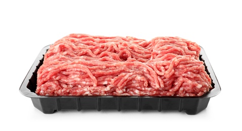 Photo of Plastic container with minced meat on white background