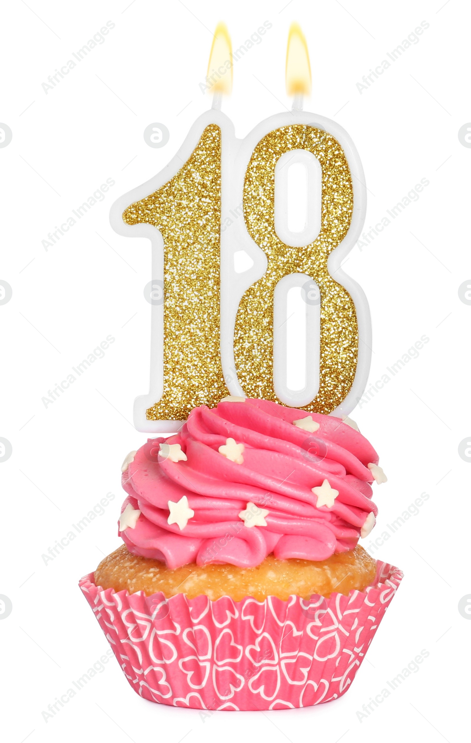 Photo of 18th birthday. Delicious cupcake with number shaped candles for coming of age party on white background